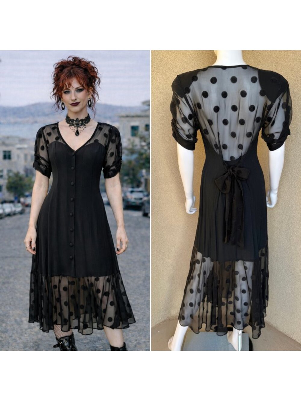 🖤Gothic Romance 90s Sheer & Polka Dot Sweetheart Dress🖤